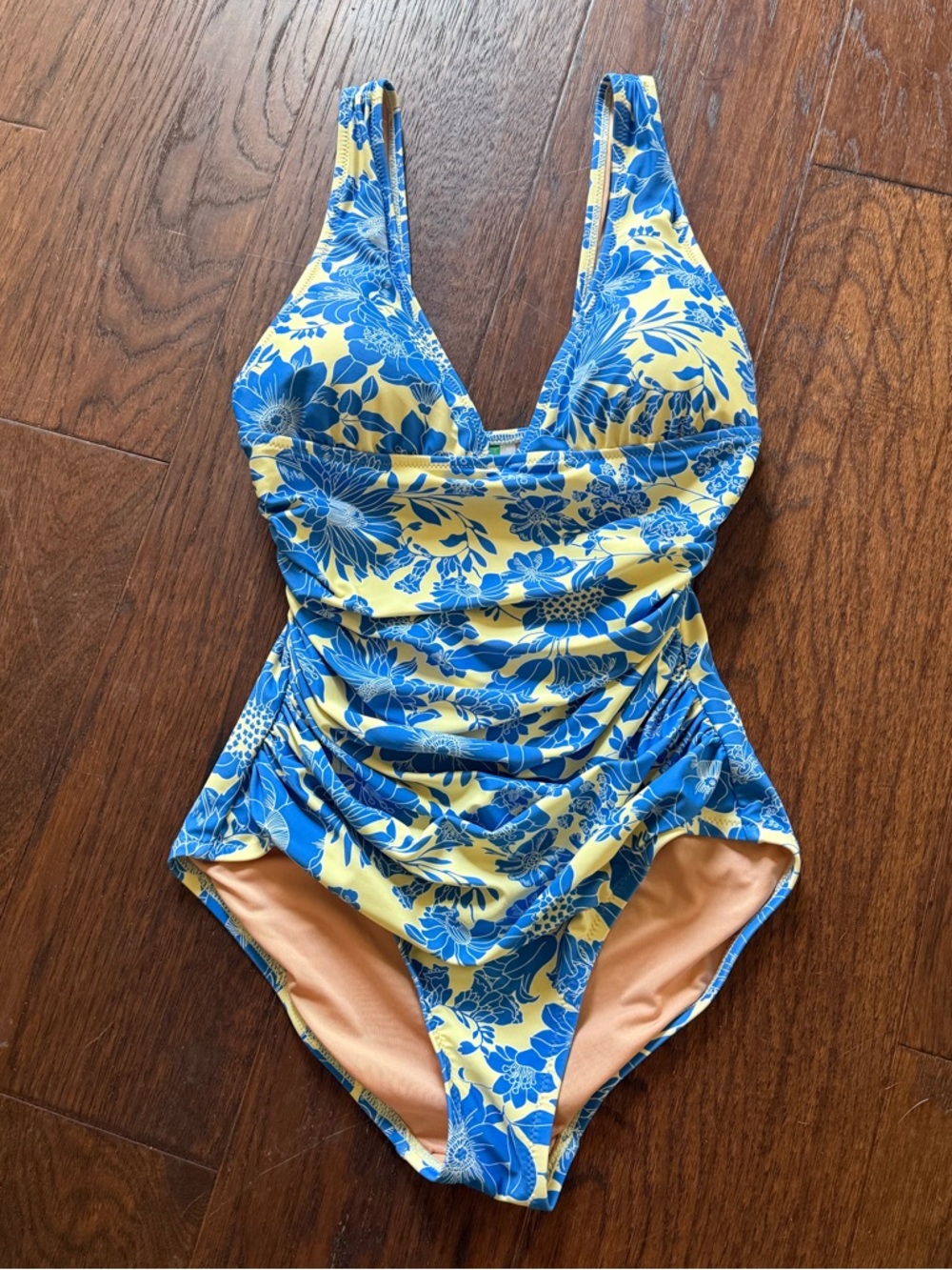 J. Crew Blue Yellow Floral Ruched V-Neck One Piece Full Coverage Swimsuit Sz 4